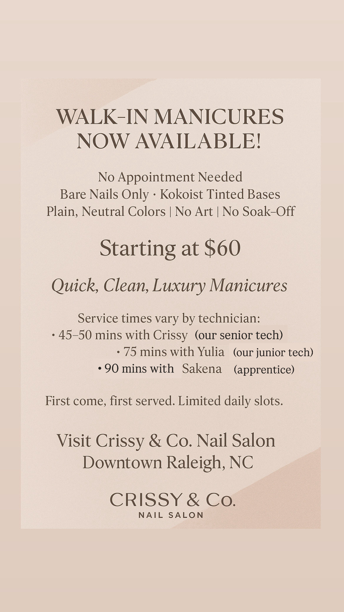 A flyer advertising Walk-In Manicures